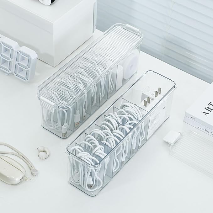 Yesesion Plastic Cable Organizer Box with 7 Compartments, Clear Cords Storage Case for Desk Drawer Accessories, Phone Charger, Art Crafts, Stationery Holder for Marker Pen, Pencils, Crayons