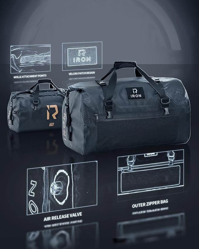 IRON JIA'S Motorcycle Dry Bag - Waterproof Duffle & Luggage Tail Bag Saddle Bags with Roll Top Closure, Shoulder Straps, Inner Pocket and Mesh Pocket (Carbon Fiber, 70L)