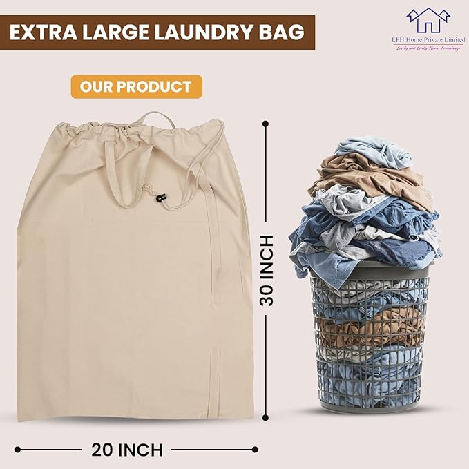 LFH Home Cotton Canvas Large Laundry Bag with Handle, Heavy Duty Drawstring Closure Washable Laundry Bags School Travel, Home, Hotel, College Dorm, Organizer Sack, Toys Clothes 20x30-Natural