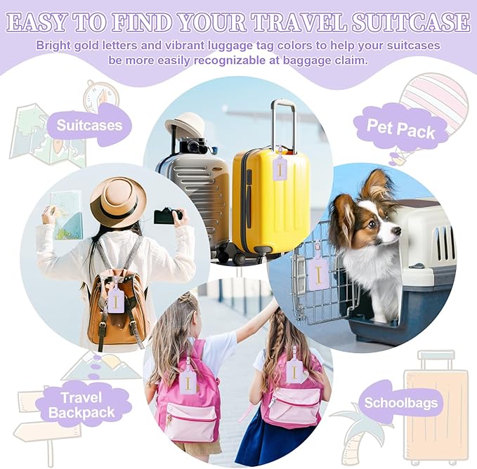 Personalized Initial Luggage Tags for Suitcase, Purple Leather Cute Luggage Tags with Privacy Cover Name Card, Embroidered Custom Monogrammed Luggage Tag Travel Backpack Tags Gifts for Women Kids(I)