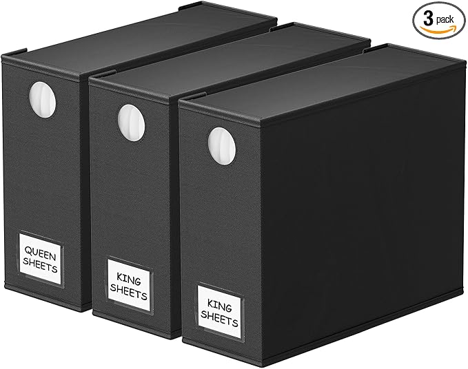 SpaceAid 3 Pack Bed Sheet Organizers and Storage, Foldable Organizer for Linen Closet, Set Folder Keeper With Window XL (Queen & King Size) Bedding Container (Black)