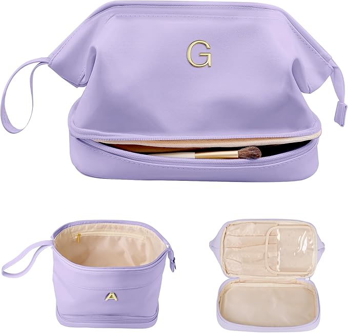 Gifts for Her: Initial Large Makeup Bags, Personalized Double Layer Cosmetic Bags with Makeup Brush Organizer, Waterproof PU Leather Travel Toiletry Bags for Wedding & Bridesmaid Gifts