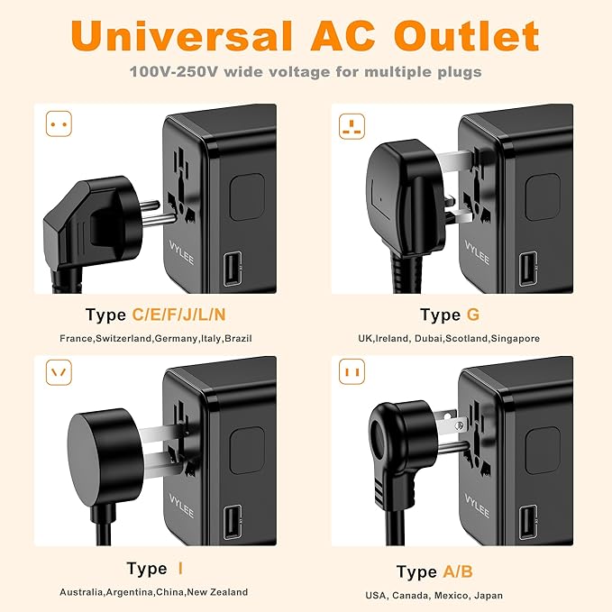 Universal Travel Adapter, VYLEE 45W International Plug Adapter with PD Fast Charging, 5-Port (1 AC/1 USB-A/3 USB-C), Wall Charger Worldwide Travel Essentials Plug for USA EU UK AUS Japan (Black)
