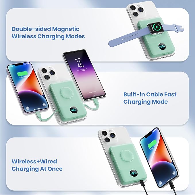 Magnetic Portable Charger for iPhone with Built-in Cables, 6-in-1 10800mAh Power Bank with iWatch Charger & LCD Display,25W Fast Charging Battery Pack for iPhone 16/15/14/13/12,Apple Watch (Green)