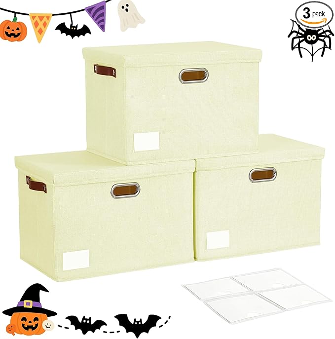 17" Large Collapsible Storage Bins with Lids, Stackable Closet Organizers with PU Handle and Labels, 3-Pack Decorative Fabric Storage Boxes for Home, Bedroom, Closet, Office, Nursery(Beige)