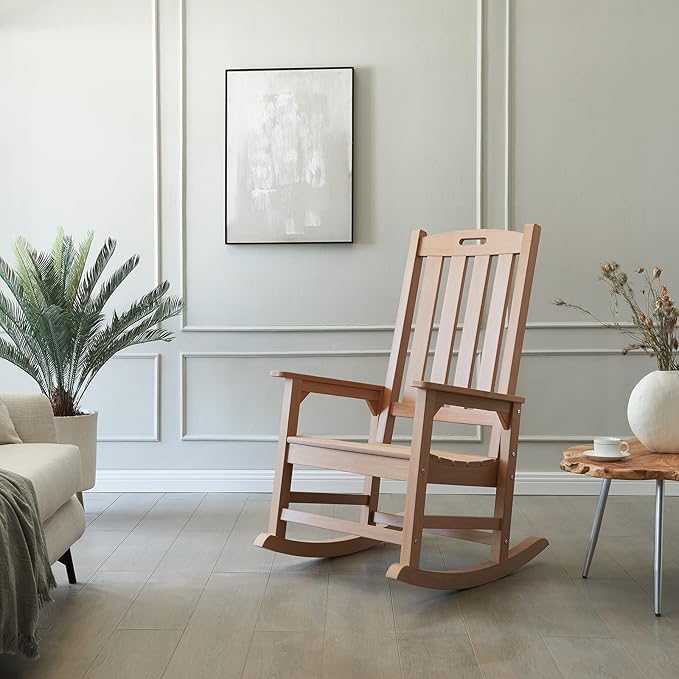 Psilvam Oversized Outdoor Rocking Chair, with 21" Wide Seat and 32" Tall Backrest, Pre-Assembled with Most Components for Effortless Installation (Teak Color)