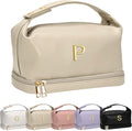 Girlfriend Gifts, Personalized Makeup Bag with Handle, Initial Double Layer Cosmetic Bag with Makeup Brush Organizer, PU Leather Travel Toiletry Bag Gifts for Women Her Friend Sister Mom Gift