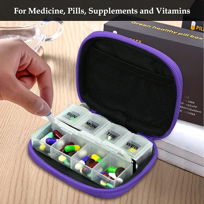 Serfeymi Weekly Travel Pill Organizer Pill Case for Purse with Removable 7 Day Pill Box, Fashionable Travel Medicine Organizer Pill Container for Medicine, Vitamin, Supplement - Black 01 + Purple 01
