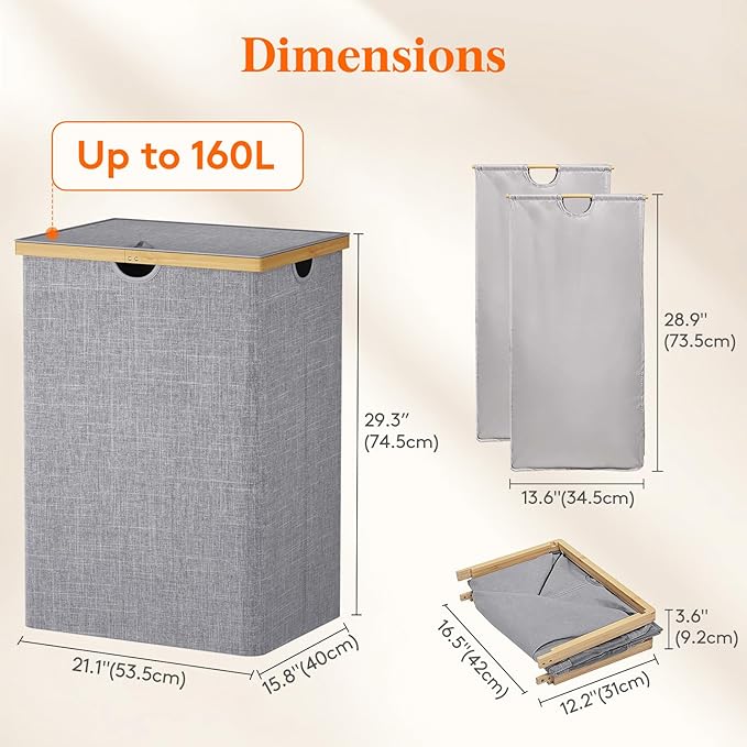 Lifewit 160L Double Laundry Hamper with Lid, Extra Large Bamboo Laundry Basket Dirty Clothes Hamper, 2 Section Laundry Bin Organizer for Laundry Room Bedroom with 2 Removable Liners & Bags, Gray