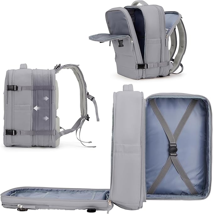 coowoz Large Travel Backpack For Women Men, Carry On Backpack,Hiking Backpack Waterproof Outdoor Sports Rucksack Casual Daypack Expandable Heavy Duty Extra large Backpack Grey Expansion
