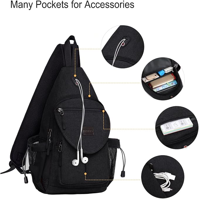MOSISO Sling Backpack,Canvas Crossbody Hiking Daypack Bag with Anti-theft Pocket, Black