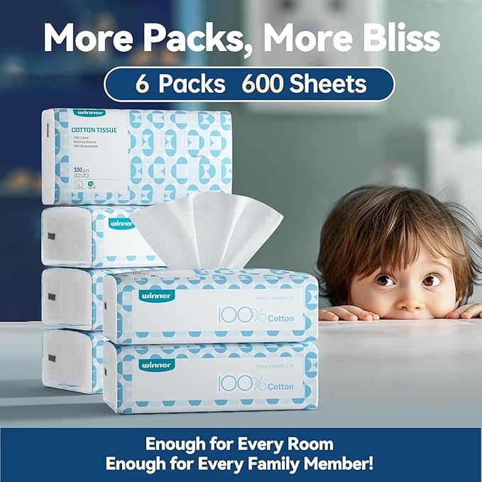 Winner Soft Face Towels, 100% USDA Biobased Facial Towels, Unscented Cotton Tissues for Sensitive Skin, OEKO-TEX Certified Face Towelettes Disposable, Makeup Remover Dry Wipes, 600 Ct, 6 Pack