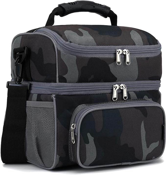 FlowFly Double Layer Cooler Insulated Lunch Bag Adult Lunch Box Large Tote Bag for Men, Women, With Adjustable Strap,Front Pocket and Dual Large Mesh Side Pockets
