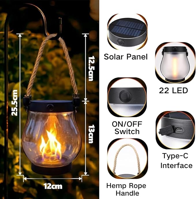 Solar Lantern Outdoor Lights, Flickering LED with Hemp Rope Handle, Dual Charging (Solar & USB), Water-Resistant Hanging Decor for Garden, Yard, Patio, Porch, Pathway, Camping (2)