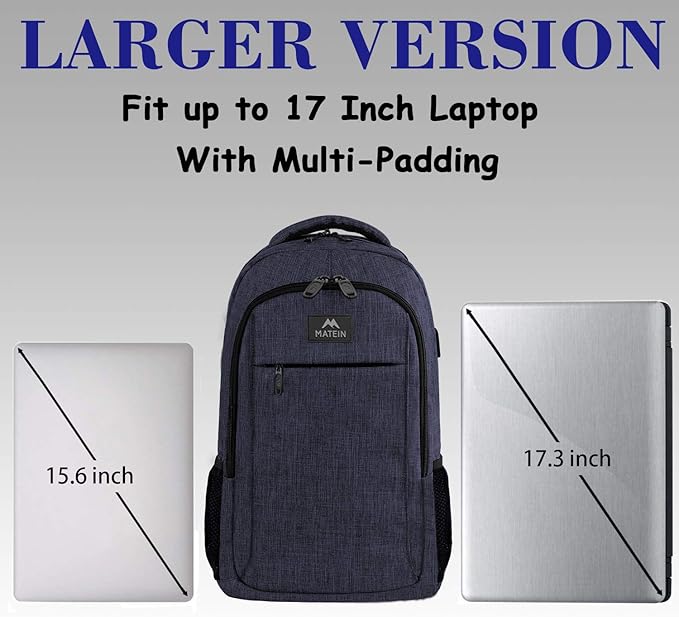 MATEIN Large College Backpack, Sturdy Computer Backpack with USB Charging Port Fits 17 inch Notebook, Carryon Luggage Travel Laptop Bag for Business Men and Women Christmas New Year Gift, Blue
