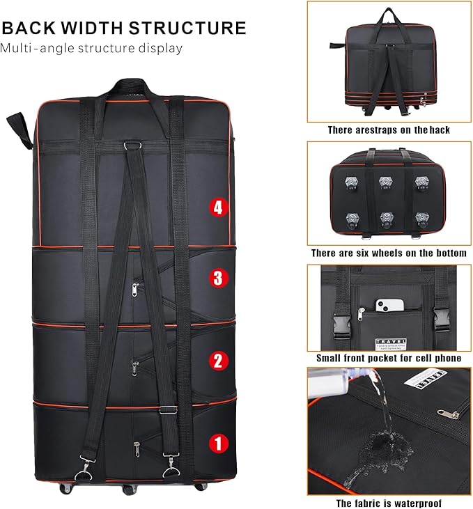 Expandable Large Capacity Travel Bag Oxford Cloth Duffel Bag with Wheels Lightweight Waterproof Travel Foldable Suitcase(Black)