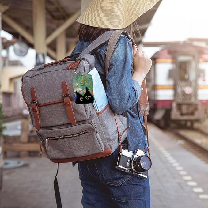 Oil Painting Black Cat 2 Pcs Luggage Tags,Privacy Cover ID Label with Stainless Steel Loop and Address Card for Travel Bag Suitcase
