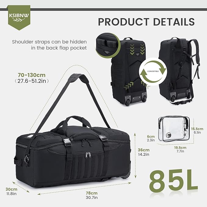 KSIBNW Rolling Duffel Bag with Wheels and Handle, 4 In 1 Tactical 86L Military Backpack with Hidden Straps,Waterproof Wheeled Large Duffle Bag for Travel,Durable MOLLE Luggage for Men & Women, Khaki
