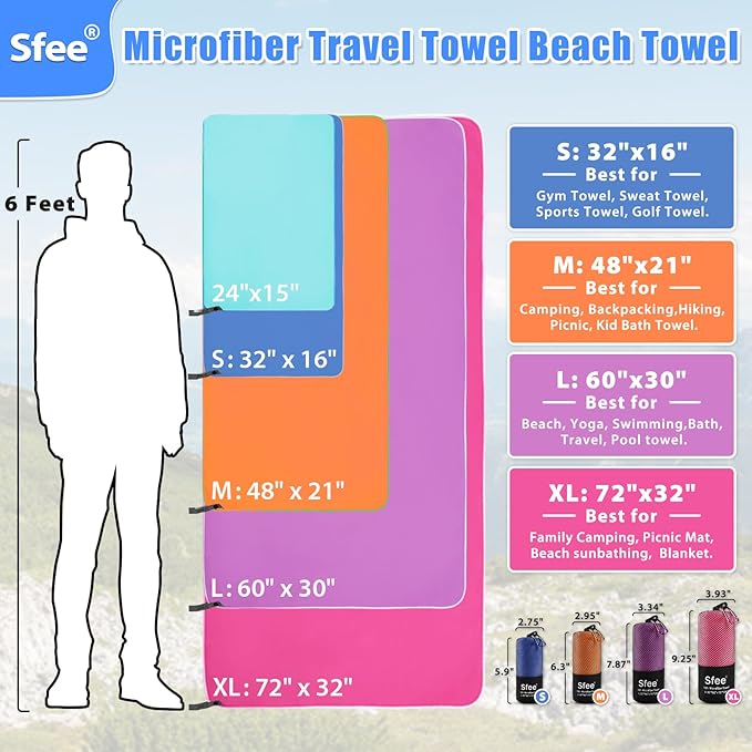 Sfee 2 Pack Microfiber Travel Towel, Quick Dry Towel Camping Towel Large Beach Towel Super Absorbent Compact Lightweight Sports Gym Towels for Gym, Hiking, Pool, Backpacking, Bath, Yoga