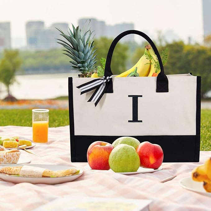 TOPDesign Embroidery Initial Canvas Tote Bag, Personalized Present Bag, Suitable for Wedding, Birthday, Beach, Holiday, is a Great Gift for Women, Mom, Teachers, Friends, Bridesmaids (Letter I)