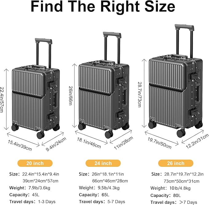 Hard Shell Luggage 20 Inch Travel Suitcase, 22x14x9 Airline Approved with TSA Lock, ABS Aluminum Frame, Lightweight Travel Luggage 20'' 24'' 26'' Carry-on Luggage (Upgraded Grey, 20 Inch)