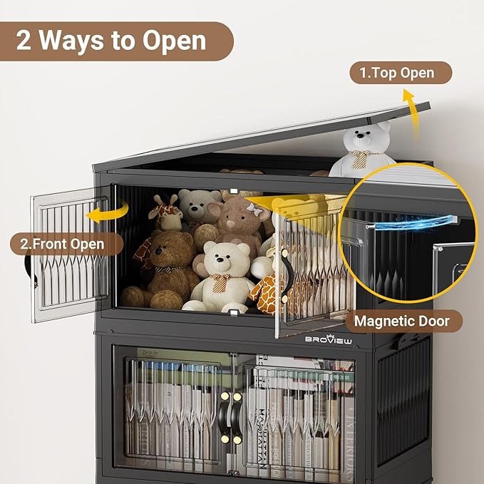 BROVIEW 400Qt Stackable Storage Bins with Lid, Extra Large Closet Organizer Collapsible Drawer Boxes with Wheels, Folding Plastic Cabinet Containers for Home Kitchen Room Organization, 5Pack Black