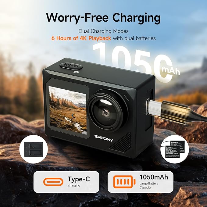 SVBONY SVGo2 Action Camera 4K30FPS 50MP, 5X Zoom Touch Screen Sports Camera, Waterproof Cameras,6-Axis EIS with Floating Selfie Stick, Wired Microphone, 2 Batteries, for Sports Vlog