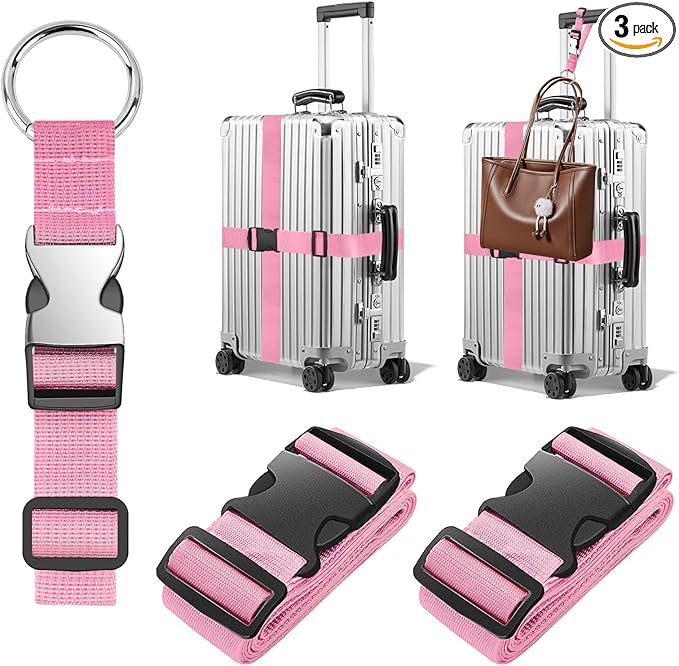 BILIONE 3Pcs Luggage Straps Set - 2 Suitcase Straps 70'' Long and 1 Add A Bag Strap, Adjustable Luggage Identifiers Nylon Travel Belt