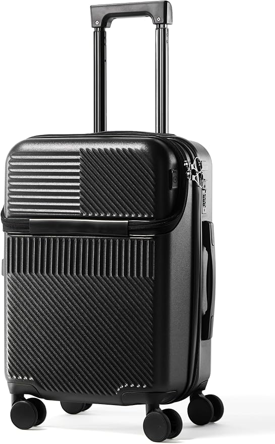 UrbanExplorer 20 Inch Carry-On Luggage with Front Opening, Cup Holder & USB Port, Lightweight ABS+PC Hardshell Spinner Suitcase, Airline Approved, 360° Wheels, Black