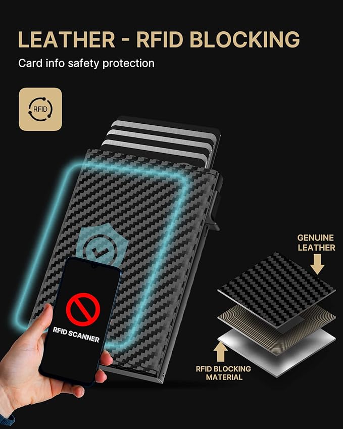 typecase Mens Wallet Card Holder: Pop Up Aluminum Case, Genuine Leather, Smart, RFID Blocking, Slim, Minimalist, Front Pocket - 9-14 Card Capacity | ID Window | Cash Slot (Carbon Fiber)
