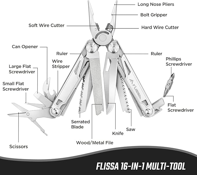 FLISSA Multitool, 16-in-1 Multitools with Sheath, Stainless Steel EDC Multitool, Pocket Knife, Bottle Opener, Screwdriver, Pocket Multi-Tool for Camping, Handwork, Hunting, Hiking, Fishing