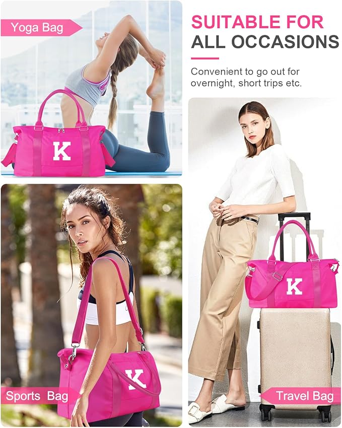 Overnight Bag for Kids Teen Girls Weekender Dance Bag Birthday Graduation Gifts,Initial Travel Duffel Bag Sports Gym Bag Personalized Weekender Bag Carry On Bags Preppy Gifts for Women(Hot Pink, K)