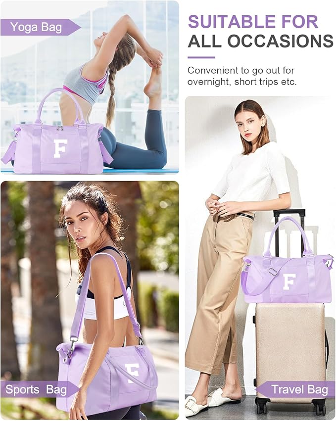 Daughter Niece Gifts for Teen Girl Kids, Initial Travel Duffel Bag Sports Gym Bag Personalized Gifts Weekender Bag，Monogram Overnight Bag Cute Dance Bag Birthday Bridesmaid Gifts for Women(Purple, F)