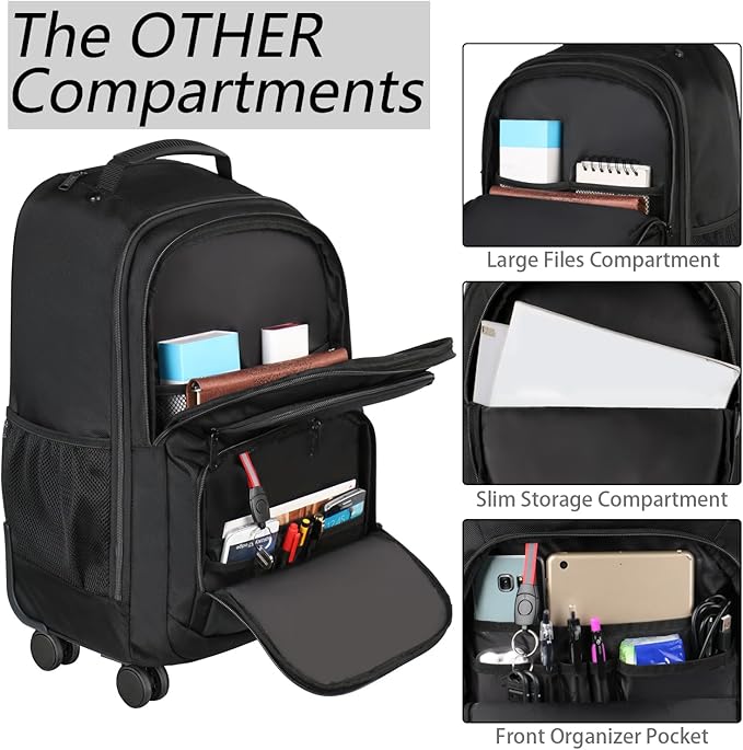 MATEIN Rolling Backpack with 4 Wheels, 17 inch Roller Travel Laptop Backpack for Women Men, Large Water Resistant Business Wheeled Bag, Airline Approved Carry on Luggage Suitcase Bag, Black