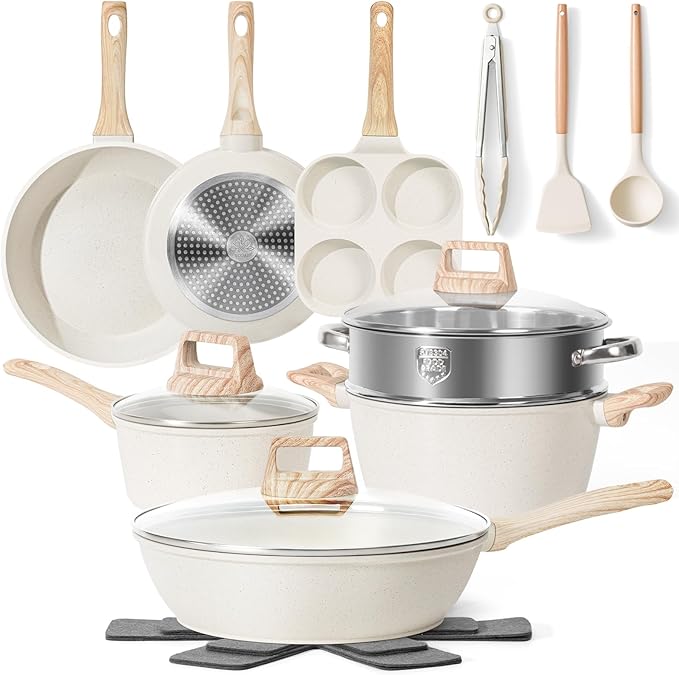 17 Pcs Pots and Pans Set Non stick，Cookware Sets White Granite Induction Cookware, Non-toxic Healthy Non Stick Kitchen Cooking Set with Frying Pans Set, Saucepans (PFAS, PFOA, PFOS Free) White