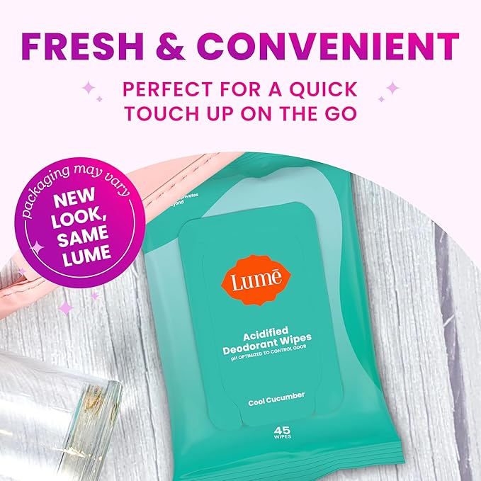 Lume Acidified Deodorant Wipes - 24 Hour Odor Control - Aluminum Free, Baking Soda Free, Skin Loving - 45 Count (Pack of 2) (Cool Cucumber)