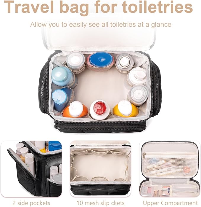 LEDAOU Toiletry Bag for Women,Quilted Travel Makeup Bag Organizer with Double Deck, Large Wide-open Cosmetic Make up Bag for Travel Essentials (Black Puffy)