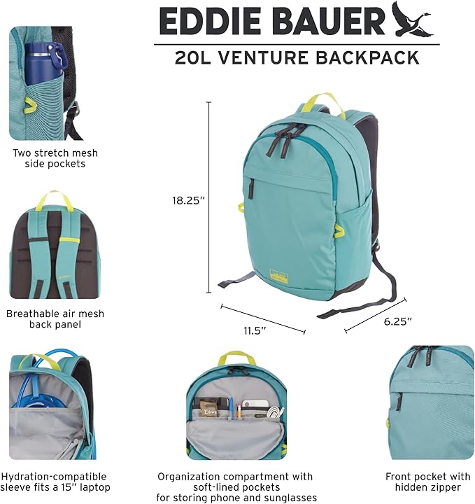 Eddie Bauer 20L Venture Backpack, Hydration and Laptop Compatible Daypack, Redwood/Antique Gold