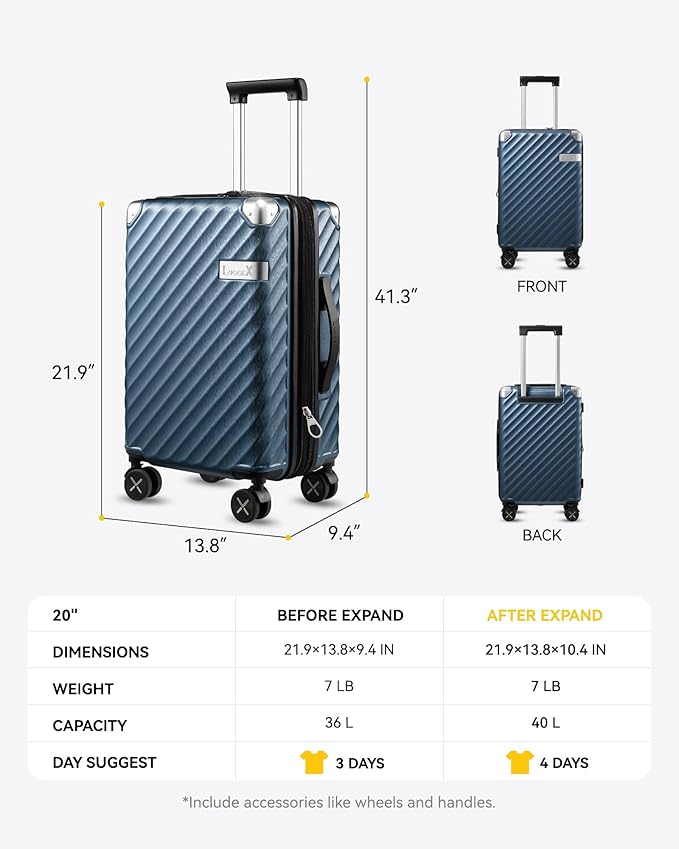LUGGEX Luggage with Spinner Wheels, Polycarbonate Expandable Hard Shell Suitcase, Carry On 20 Inch, Cherry