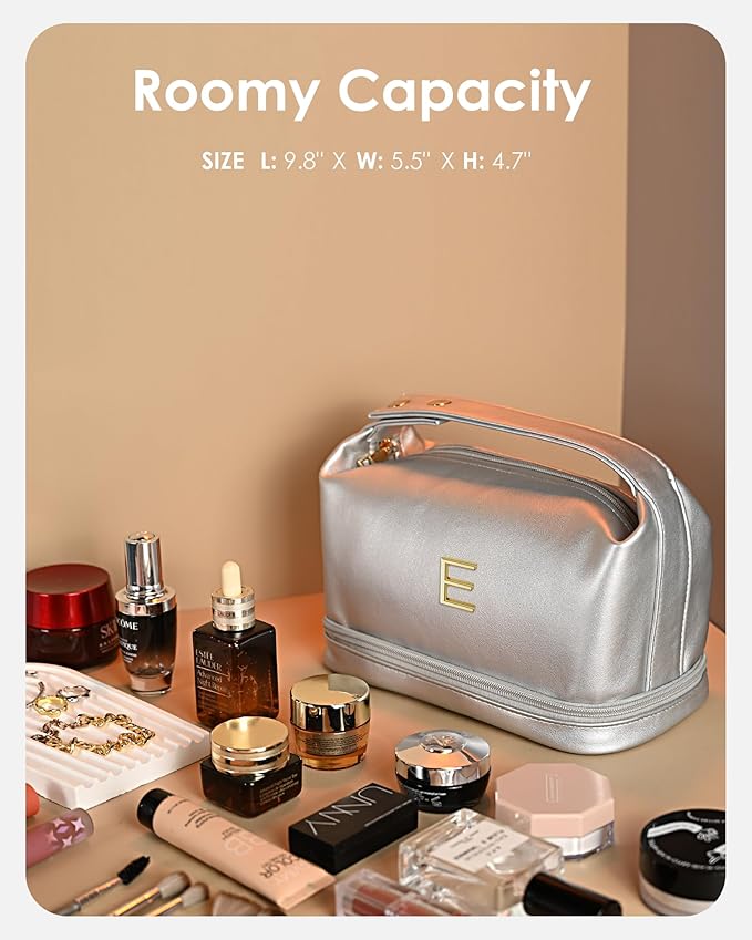 Maid of Honor Gifts, Travel Makeup Bag with Handle, Initial Double Layer Cosmetic Bag with Makeup Brush Organizer, Cute Cosmetic Pouch for Women, Bride Gifts