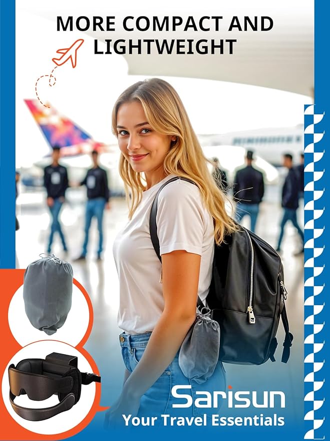 Travel Pillow Combo with Chin Strap, Airplane Pillows with 3D Eye Mask for Sleeping, 360° Support Plane Head Strap for All Plane Seats, Long Flights Essentials, Stop Bobblehead, Mottle Blue