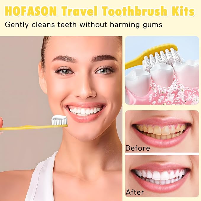 HOFASON Disposable Toothbrushes Pack of 50, Yellow Hollow Travel Toothbrush Set with Individually Wrapped Toothpaste for Homeless, Nursing Home, Shelter, Hotel