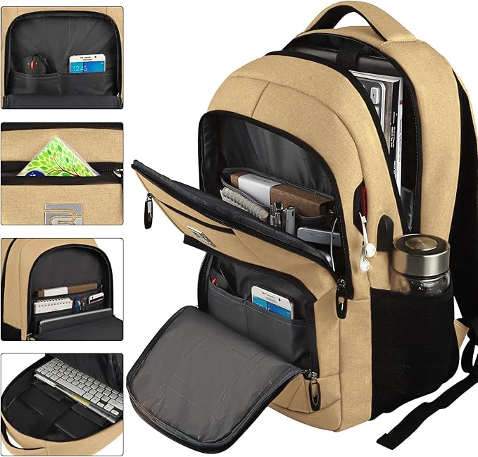 Laptop Backpack,Business Travel Anti Theft Slim Durable Laptops Backpack with USB Charging Port,Water Resistant College Computer Bag for Women & Men Fits 15.6 Inch Laptop and Notebook-Khaki