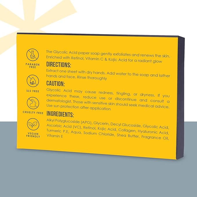 Glycolic Acid Soap Sheets - 100 Exfoliating Peel Face Wash - Travel Size Facial Cleanser with Vitamin C, Retinol, Kojic Acid, Collagen - Anti Aging and Minimizes Pores and Scars - 3 Pack
