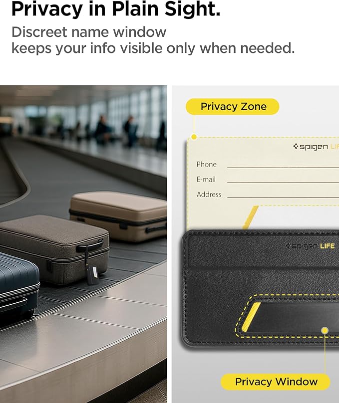 Spigen Life Luggage Tags Premium Velo Vegan Leather ID Label for Suitecase Travel Bag Accessories with Magnetic Closure Privacy Protection Design Durable Strap - Black (2 Pack)
