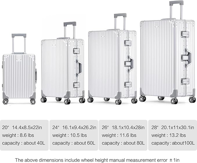 Metal All Aluminum Carry-on Luggage TSA Customs Lock Zipperless Silent Rotary Wheel Business Suitcase Aluminum Frame Set (silvery, 20 '')