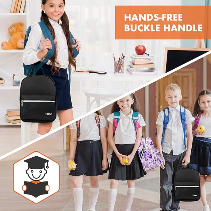 opux Lunch Box for Girls Boys Kids, Insulated Leakproof Lunch Bag, Reusable Teen Lunch Boxes for School, Medium Large lunchbox for Women Men Adult for Work with Front Back Pocket (Black)
