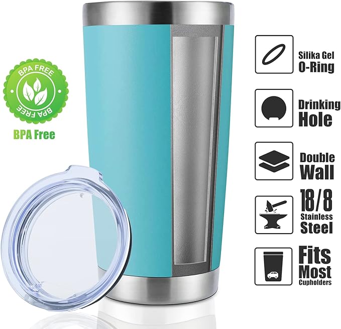 DOMICARE 20oz Stainless Steel Tumbler Bulk with Lid, Double Wall Vacuum Insulated Travel Mug, Powder Coated Coffee Cup, Light Blue, 12 Pack