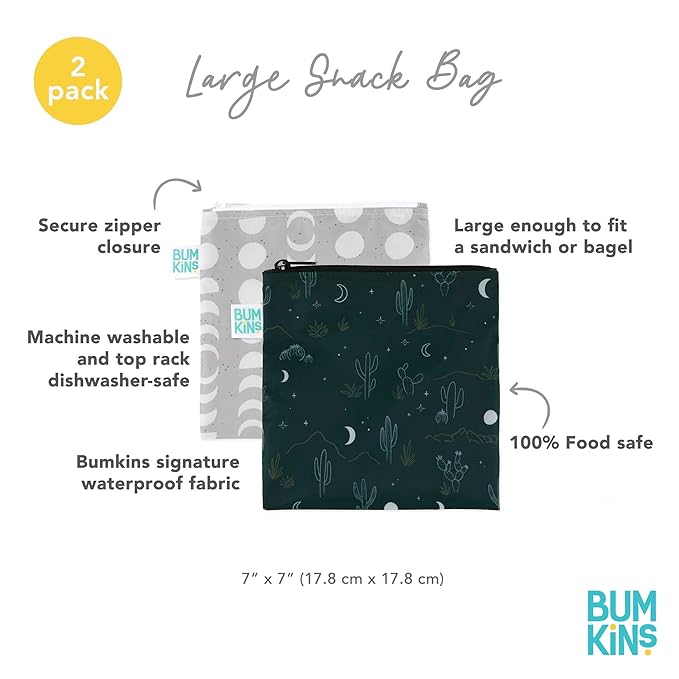 Bumkins Reusable Sandwich and Snack Bags, for Kids School Lunch and Adults Portion, Washable Fabric, Waterproof Cloth Zip Bag, Travel Pouch, Food-Safe Storage, Large 2-pk Desert Dk. Green and Gray