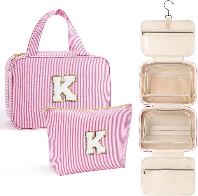 YOOLIFE Hanging Toiletry Bag - Birthday Gifts for Women, Travel Makeup Bag for Women, Initial Toiletry Bag, Vacation Airplane Essentials - Letter K, Pink